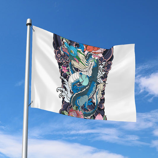 Blue Japanese Dragon Tattoo Print Polyester Flag