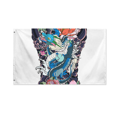 Blue Japanese Dragon Tattoo Print Polyester Flag