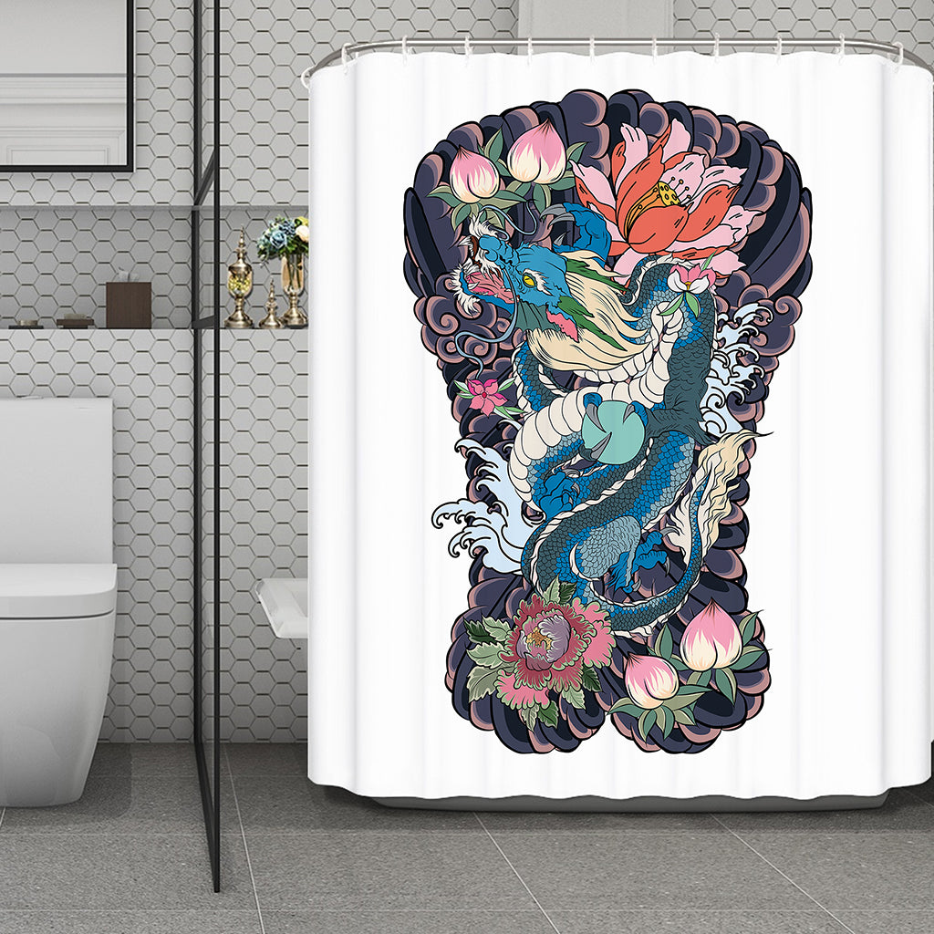 Blue Japanese Dragon Tattoo Print Polyester Shower Curtain