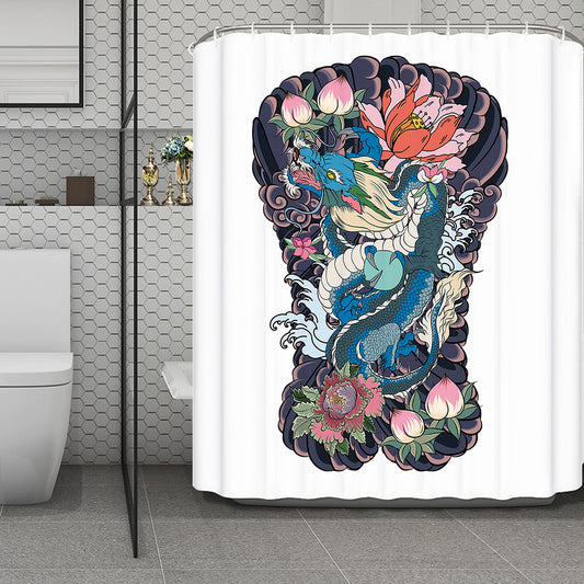 Blue Japanese Dragon Tattoo Print Polyester Shower Curtain