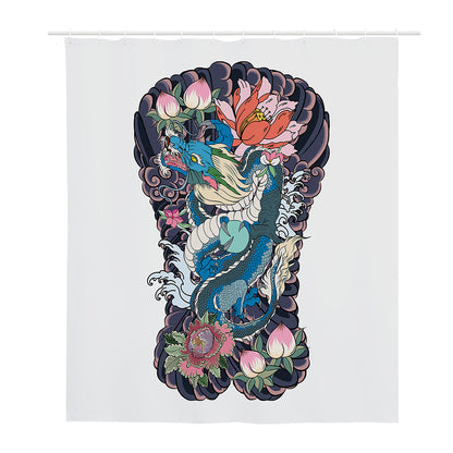 Blue Japanese Dragon Tattoo Print Polyester Shower Curtain
