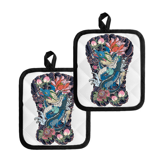 Blue Japanese Dragon Tattoo Print Pot Holders