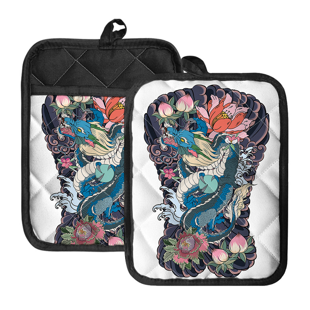 Blue Japanese Dragon Tattoo Print Pot Holders With Pocket