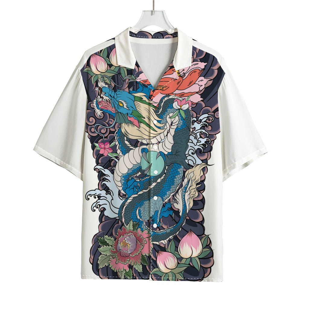 Blue Japanese Dragon Tattoo Print Rayon Hawaiian Shirt