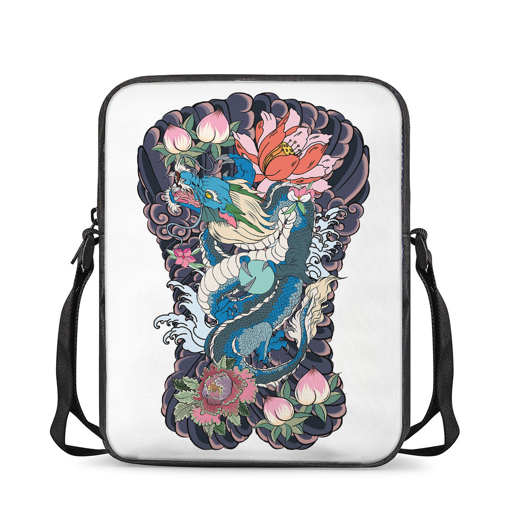 Blue Japanese Dragon Tattoo Print Rectangular Crossbody Bag