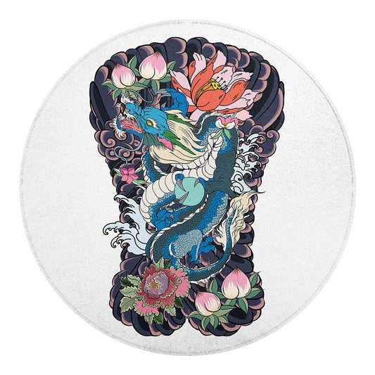 Blue Japanese Dragon Tattoo Print Round Blanket