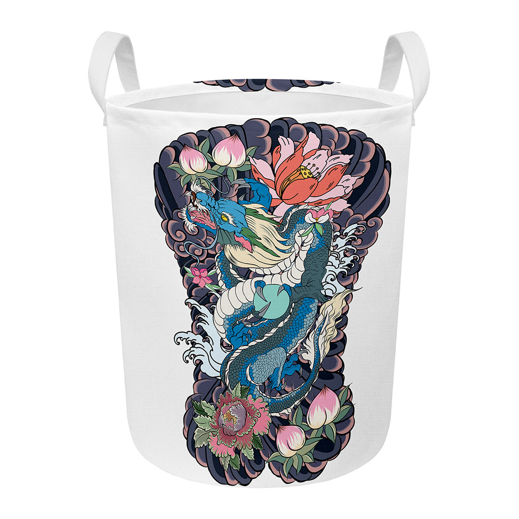 Blue Japanese Dragon Tattoo Print Round Laundry Basket