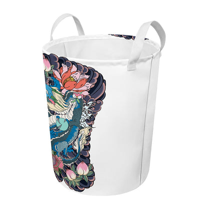 Blue Japanese Dragon Tattoo Print Round Laundry Basket