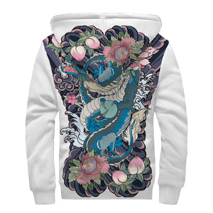 Blue Japanese Dragon Tattoo Print Sherpa Lined Zip Up Hoodie