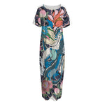Blue Japanese Dragon Tattoo Print Short Sleeve Long Nightdress