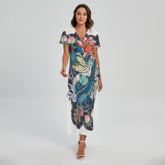 Blue Japanese Dragon Tattoo Print Short Sleeve Maxi Dress