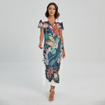 Blue Japanese Dragon Tattoo Print Short Sleeve Maxi Dress