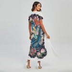 Blue Japanese Dragon Tattoo Print Short Sleeve Maxi Dress
