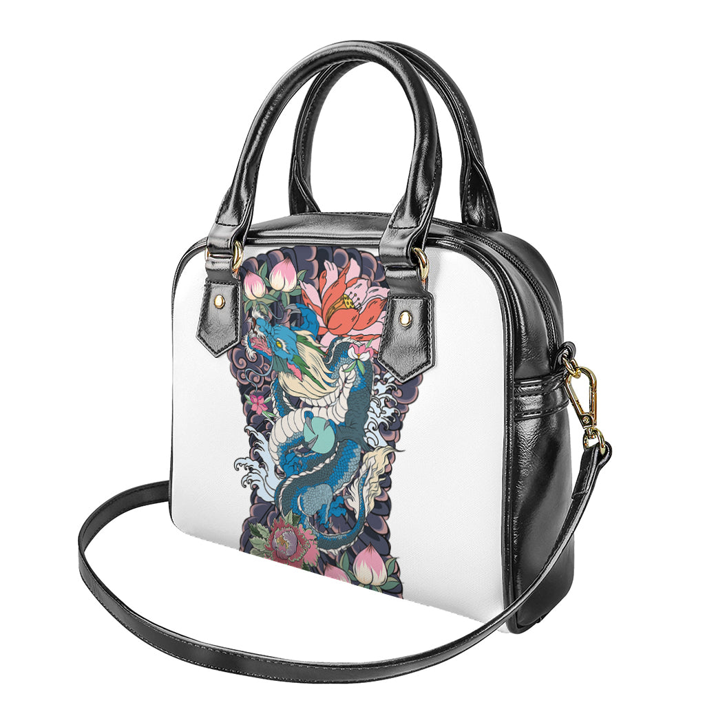 Blue Japanese Dragon Tattoo Print Shoulder Handbag