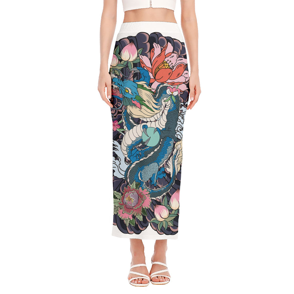 Blue Japanese Dragon Tattoo Print Side Slit Maxi Skirt