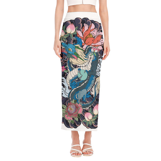 Blue Japanese Dragon Tattoo Print Side Slit Maxi Skirt