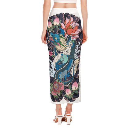 Blue Japanese Dragon Tattoo Print Side Slit Maxi Skirt