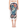 Blue Japanese Dragon Tattoo Print Side Slit Midi Skirt