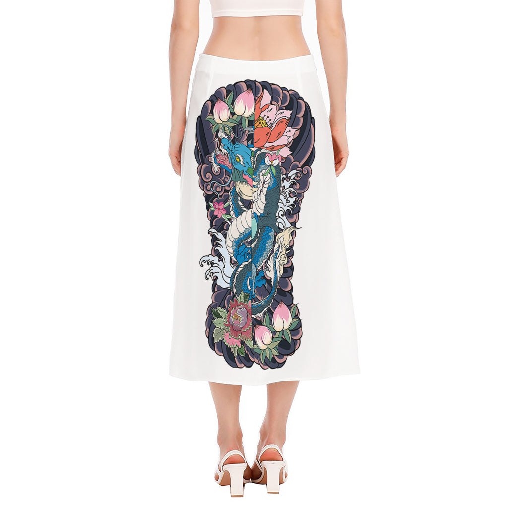 Blue Japanese Dragon Tattoo Print Side Slit Midi Skirt