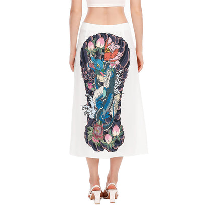 Blue Japanese Dragon Tattoo Print Side Slit Midi Skirt
