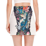 Blue Japanese Dragon Tattoo Print Side Slit Mini Skirt