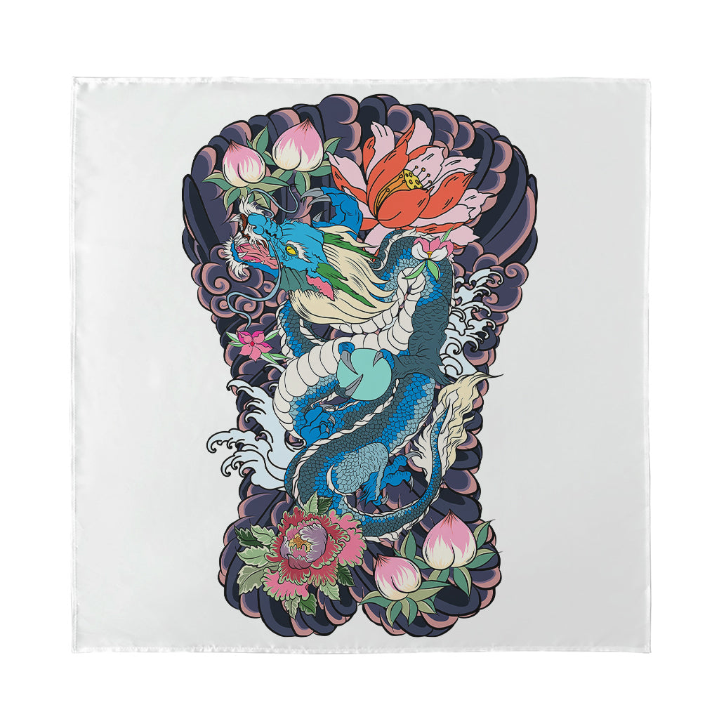 Blue Japanese Dragon Tattoo Print Silk Bandana