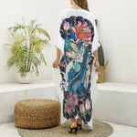 Blue Japanese Dragon Tattoo Print Silk V-Neck Kaftan Dress