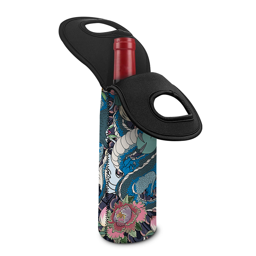 Blue Japanese Dragon Tattoo Print Single Neoprene Wine Tote