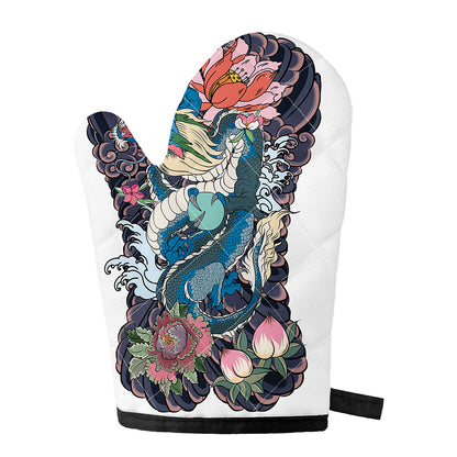Blue Japanese Dragon Tattoo Print Single Oven Mitt