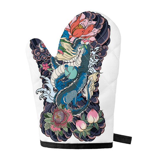 Blue Japanese Dragon Tattoo Print Single Oven Mitt