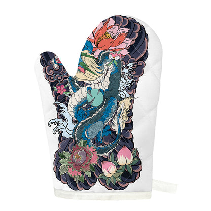 Blue Japanese Dragon Tattoo Print Single Oven Mitt