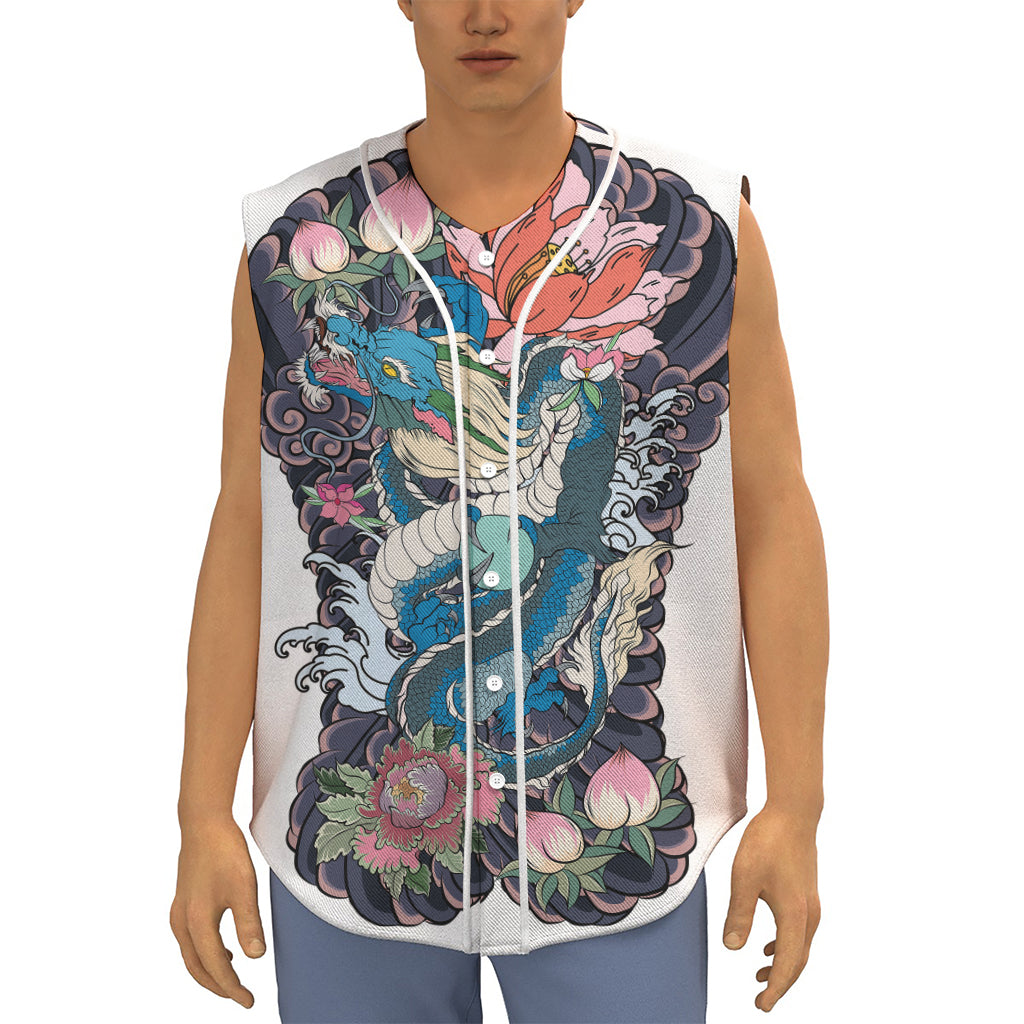 Blue Japanese Dragon Tattoo Print Sleeveless Baseball Jersey