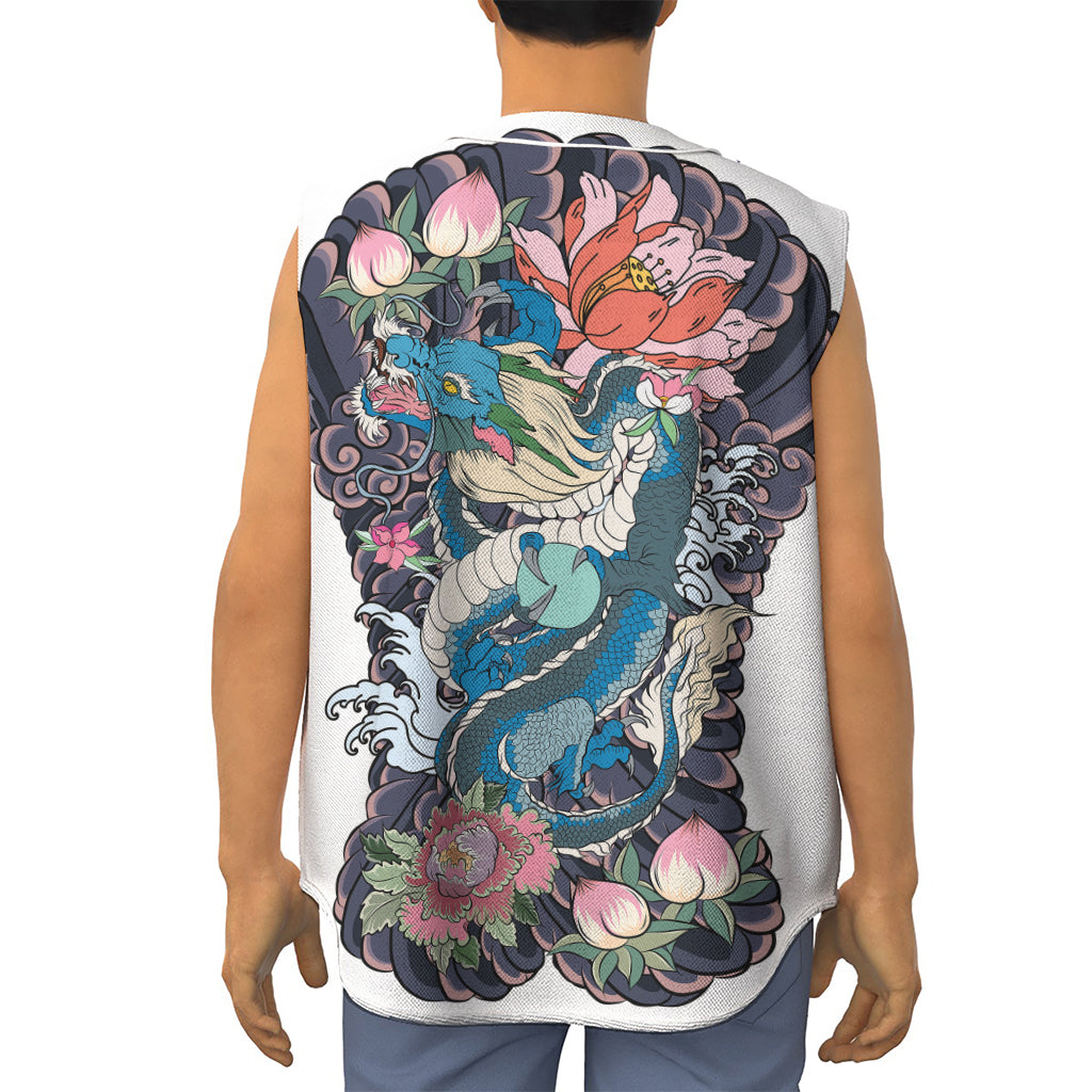 Blue Japanese Dragon Tattoo Print Sleeveless Baseball Jersey