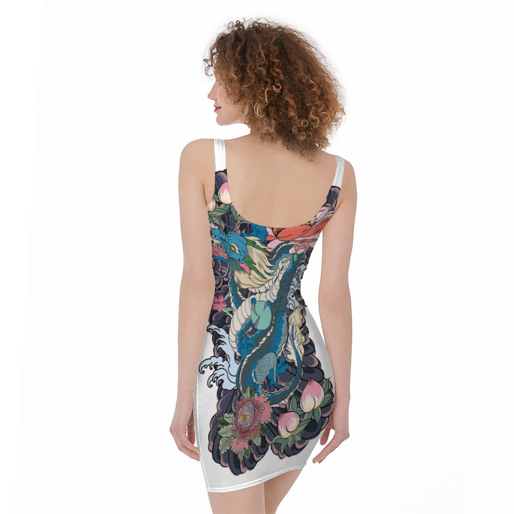 Blue Japanese Dragon Tattoo Print Sleeveless Bodycon Dress