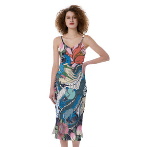 Blue Japanese Dragon Tattoo Print Slim Fit Midi Cami Dress