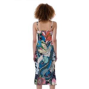 Blue Japanese Dragon Tattoo Print Slim Fit Midi Cami Dress