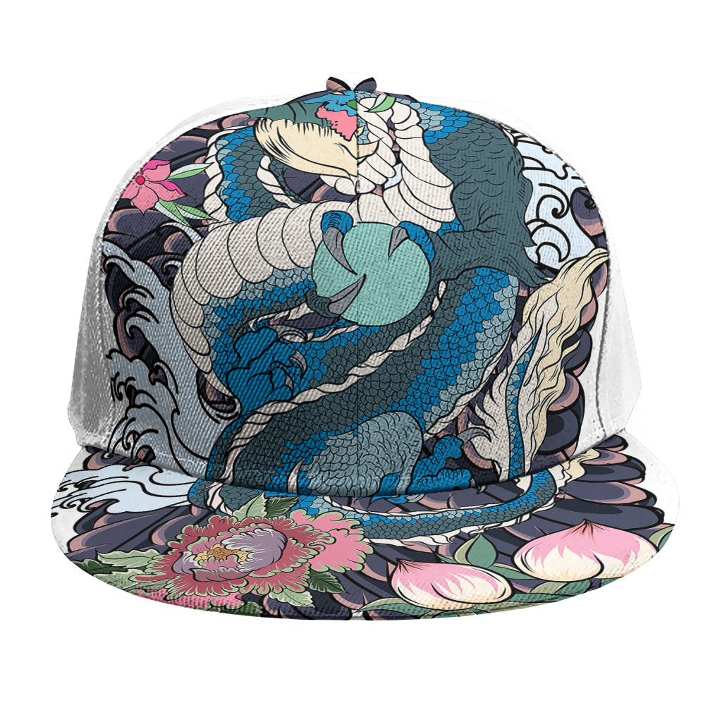 Blue Japanese Dragon Tattoo Print Snapback Cap