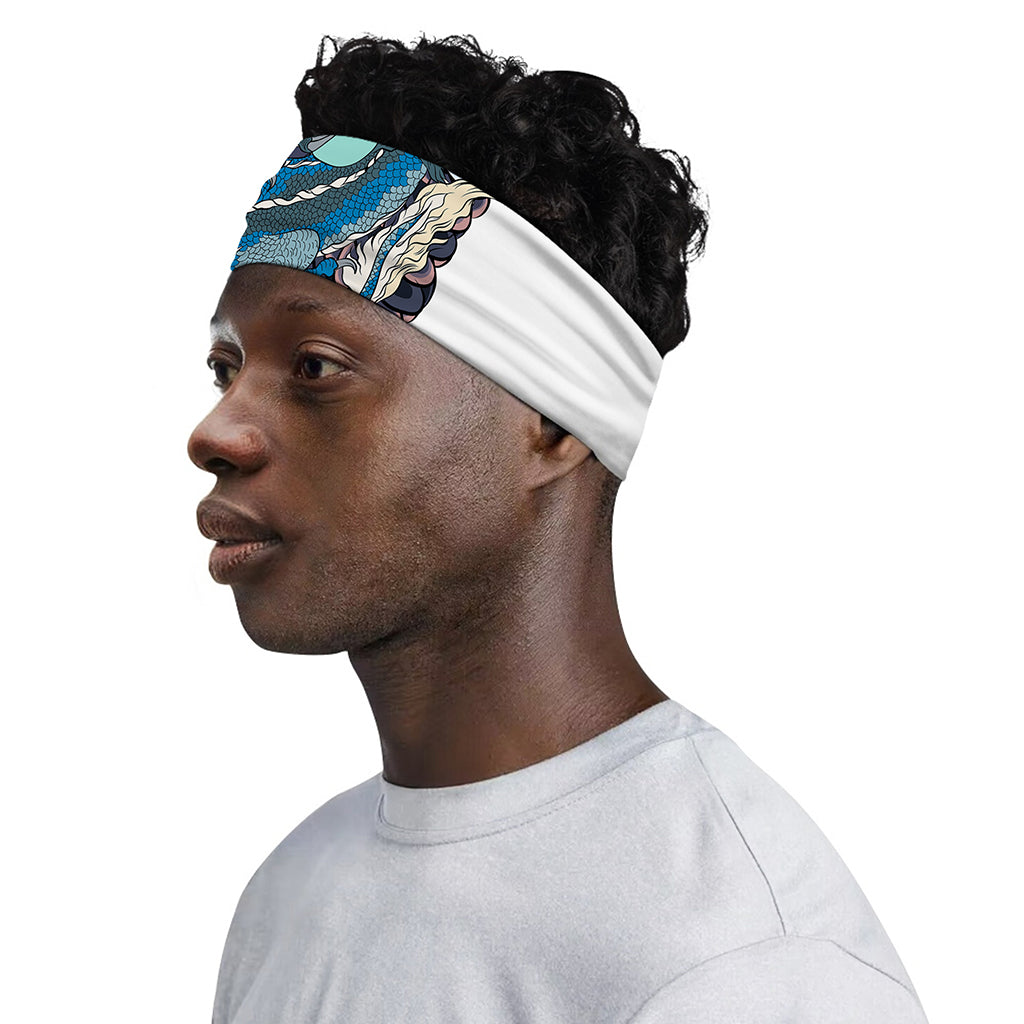 Blue Japanese Dragon Tattoo Print Sports Headband