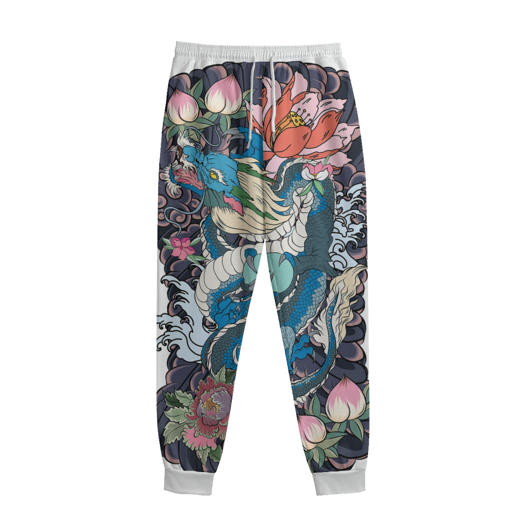 Blue Japanese Dragon Tattoo Print Sweatpants