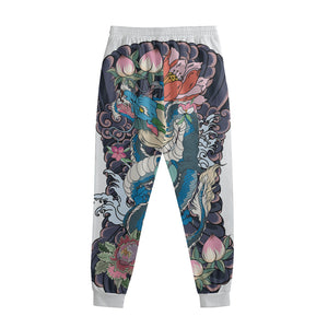 Blue Japanese Dragon Tattoo Print Sweatpants