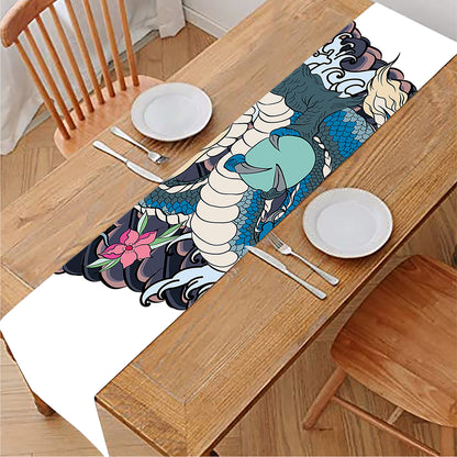Blue Japanese Dragon Tattoo Print Table Runner