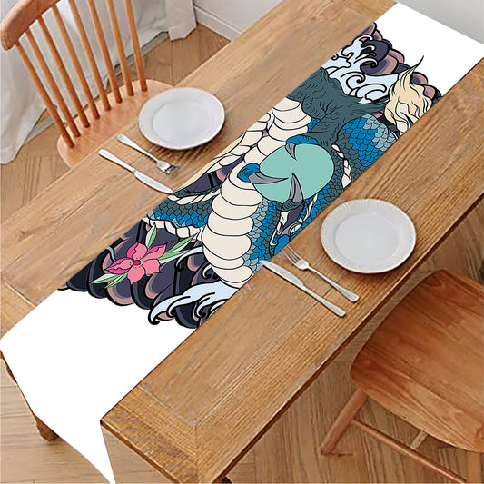 Blue Japanese Dragon Tattoo Print Table Runner
