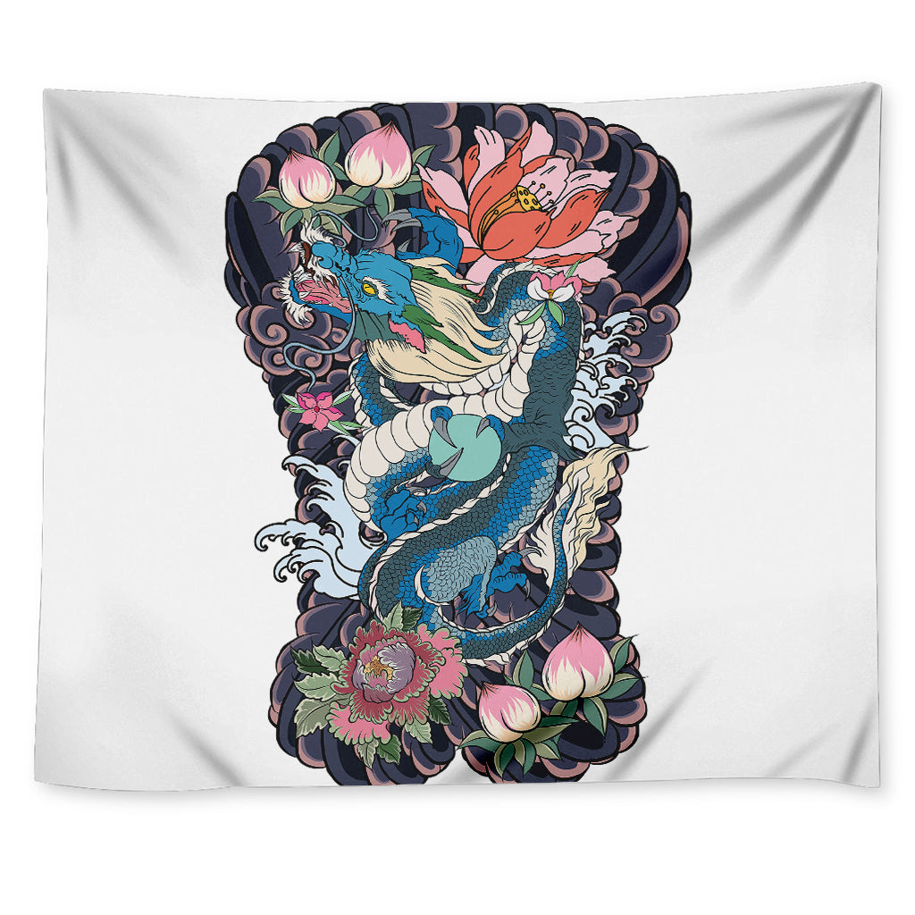 Blue Japanese Dragon Tattoo Print Tapestry