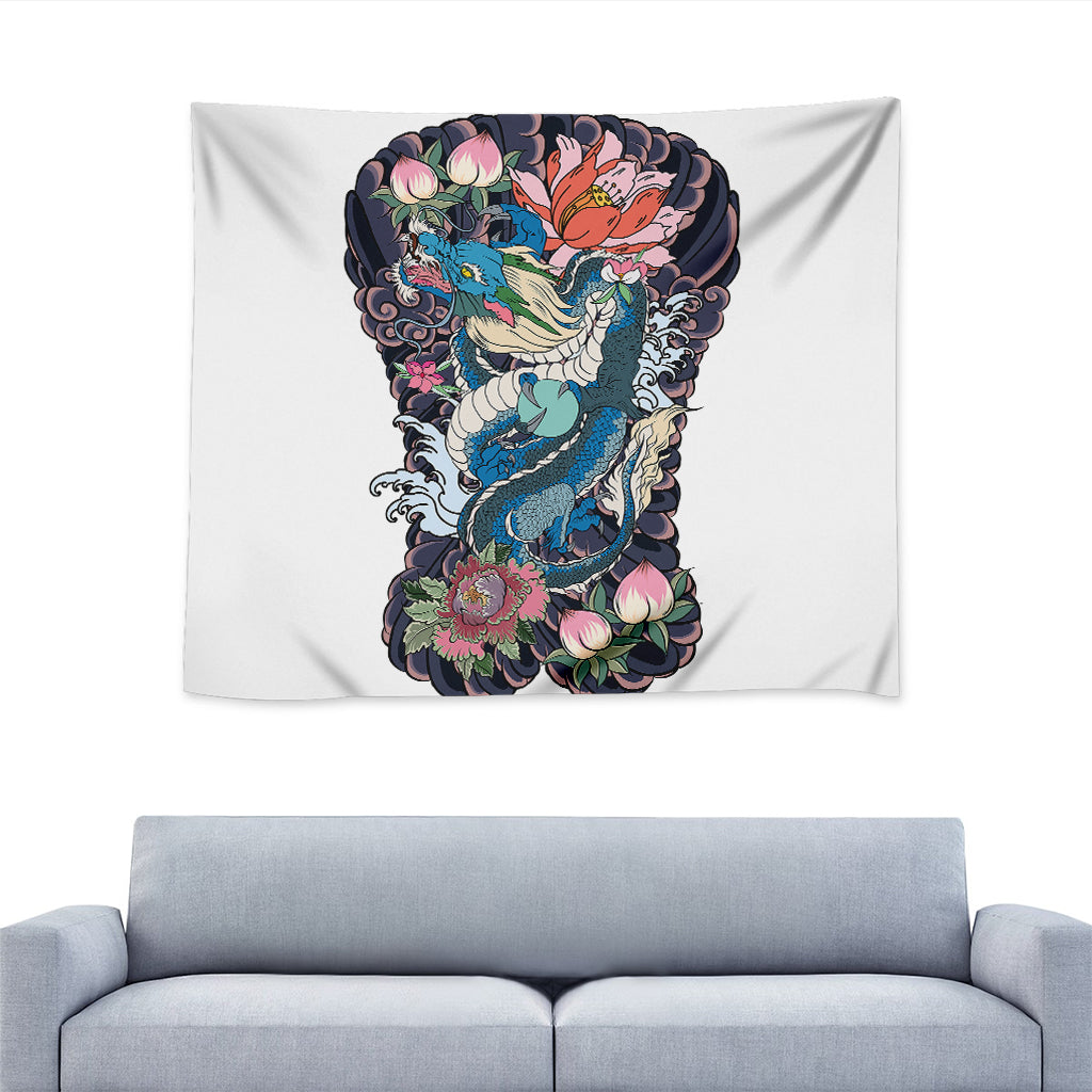 Blue Japanese Dragon Tattoo Print Tapestry