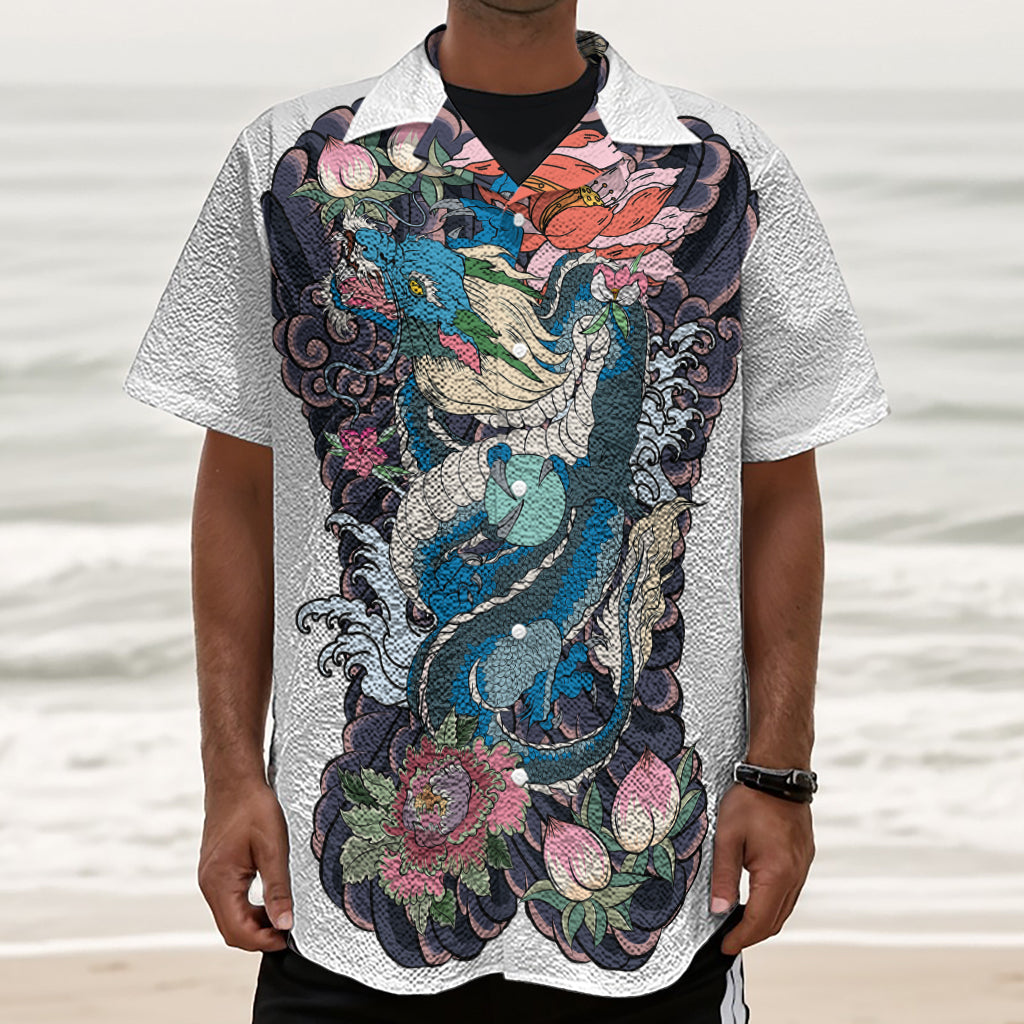 Blue Japanese Dragon Tattoo Print Textured Short Sleeve Shirt