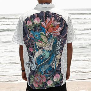 Blue Japanese Dragon Tattoo Print Textured Short Sleeve Shirt