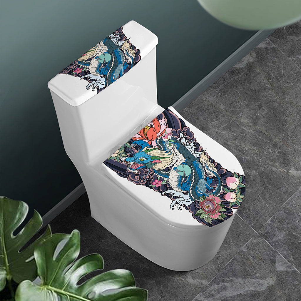 Blue Japanese Dragon Tattoo Print Toilet Lid And Tank Cover Set