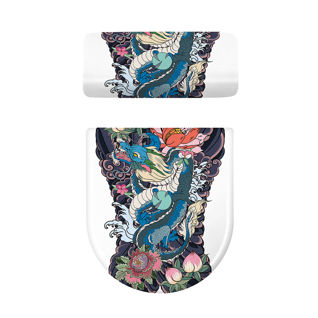 Blue Japanese Dragon Tattoo Print Toilet Lid And Tank Cover Set