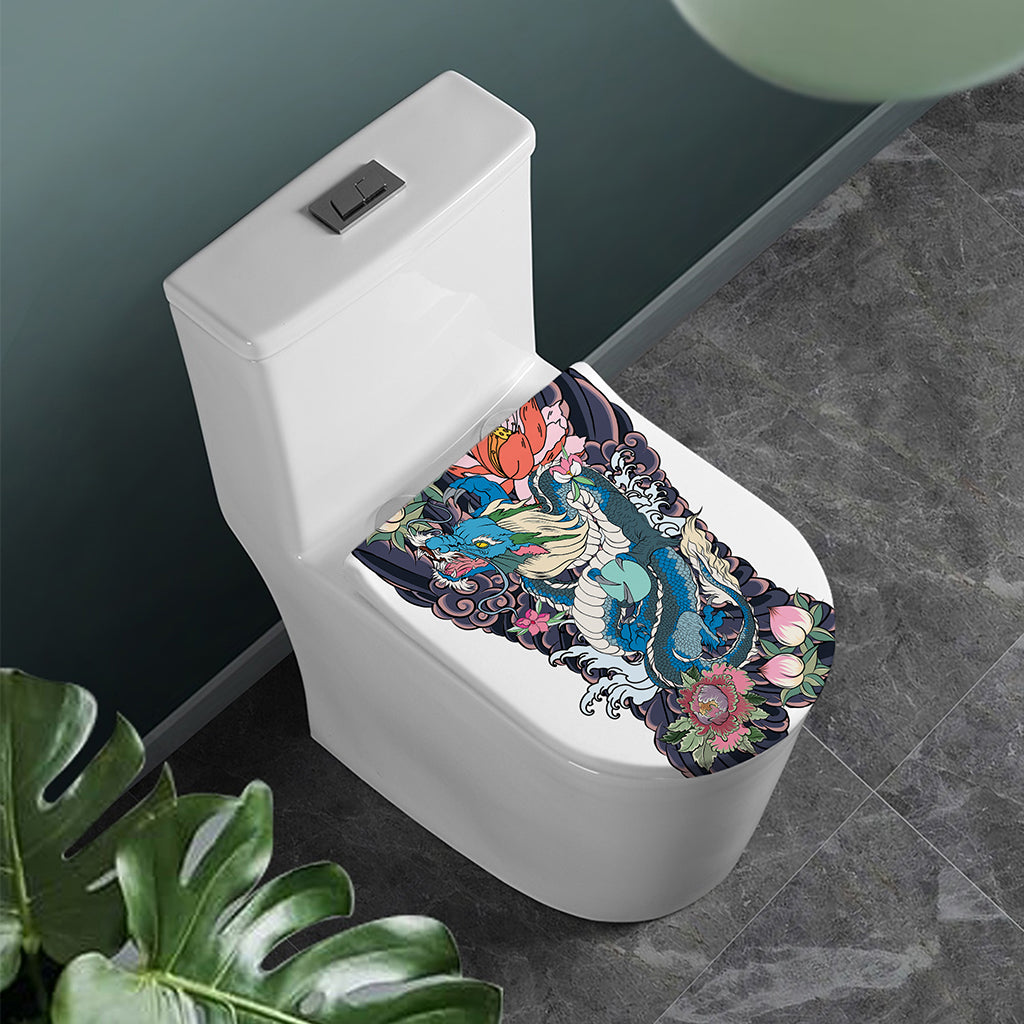 Blue Japanese Dragon Tattoo Print Toilet Lid Cover