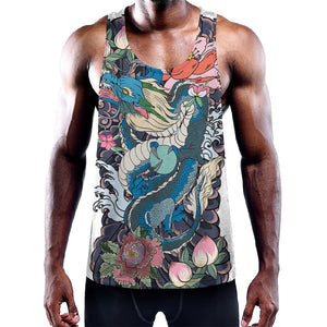 Blue Japanese Dragon Tattoo Print Training Tank Top